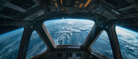 First-person view of floating in a spacecraft cabin Earth visible through a nearby window. The freedom of zero gravity