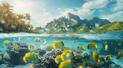 Fototapeten Tropical island with underwater view of fish and coral reef, suitable for travel and vacation themes. © Vladimir