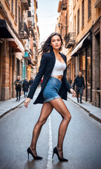 A woman stands confidently in the center of a narrow city street flooded with sunlight. She's wearing a stylish outfit. The architecture of the city creates a classic backdrop, adding elegance