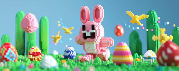 Cute pink happy voxel brick bunny rabbit with easter eggs running in garden on blue background 3d render videogame illustration - obrazy, fototapety, plakaty