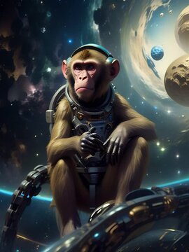 Cinematic Masterpiece: Intrepid Monkey Astronaut Perched on a Chain in the Vastness of Space
