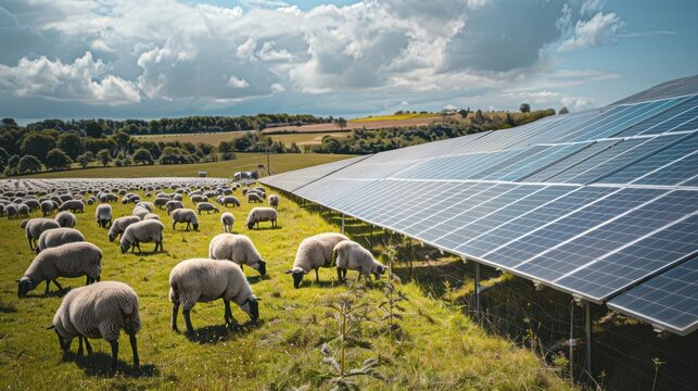 A wide-angle photo of a flock of sheep grazing next to solar panels, ultra detailed Hasselblad