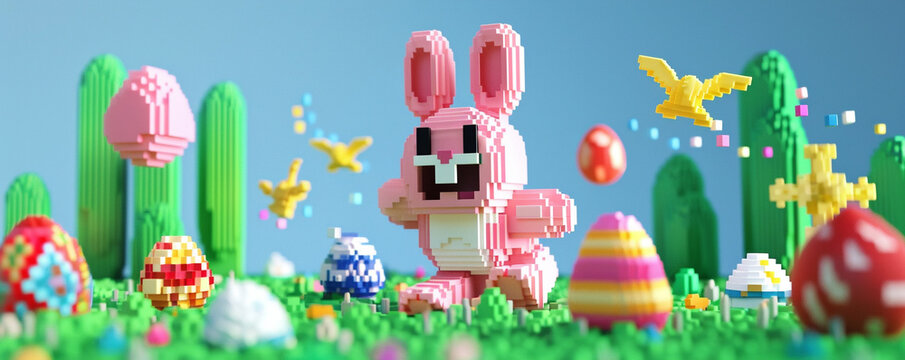 Cute pink happy voxel brick bunny rabbit with easter eggs running in garden on blue background 3d render videogame illustration