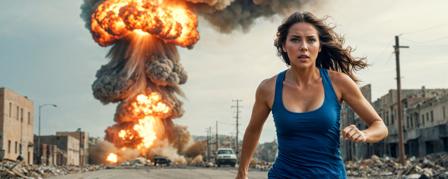 A female superhero rushes along a city street with intense attention, huge flames and clouds of smoke from powerful explosions are visible in the background.