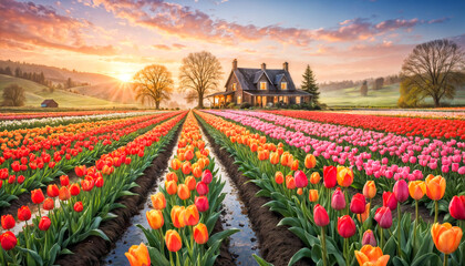 Fototapeta premium A serene dawn comes over a bright field of blooming tulips, and the warm radiance of the rising sun illuminates the sky. There is a village house in the distance.