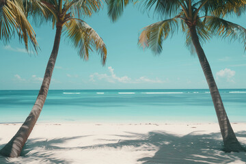 Tranquil beach with palm trees and turquoise water for vacation themes.