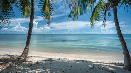 Palm trees on a serene tropical beach under a clear blue sky.