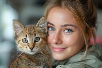 An intimate and charming photograph of a young woman gently holding a small kitten close to her face