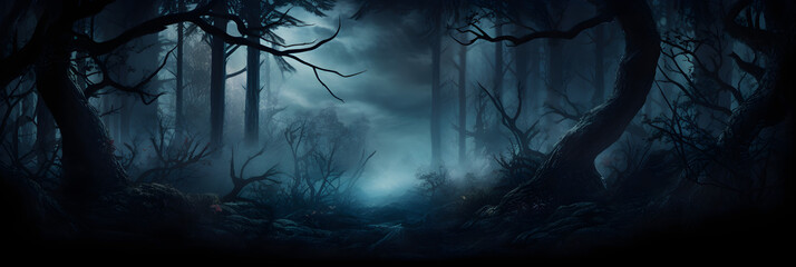 Mystical Silhouettes: The Enigma of a Dark Forest under the Veil of Night - obrazy, fototapety, plakaty