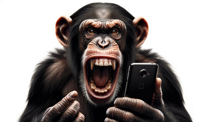 An expressive chimpanzee with an open mouth, holding a smartphone, on a white background. angry and yelling Chimpanzee with Smartphone