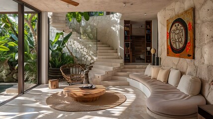 a detailed architectural photograph using AI, showcasing the super details of a Balinese Kucing Cat within a round modern family room in Tulum with a focus on natural lighting , Attractive look