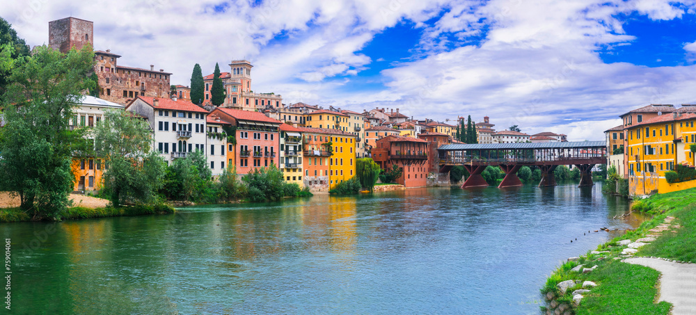 Wall mural Beautiful medieval towns of Italy -picturesque Bassano del Grappa .Scenic view with famous bridge. Vicenza province, region of Veneto.