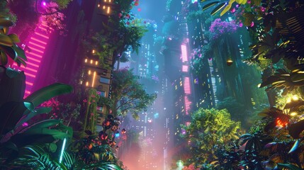 Obraz na płótnie Canvas Skyward gardens in neon jungles
