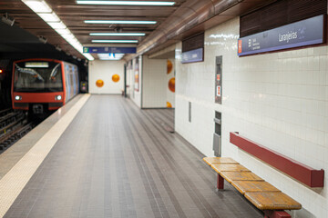 interior of Laranjeiras metro station with train carriage in blurred motion.lisboa-estremadura-portugal.