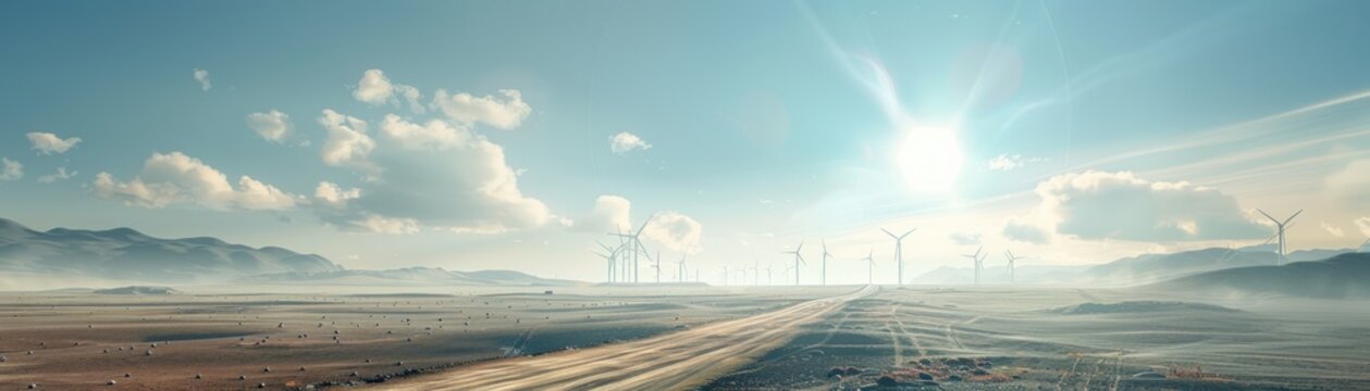 Solar energy farms bask under the sun wind turbines landscape the horizon