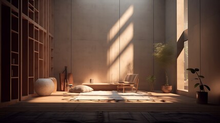 a digital artwork portraying a quiet and contemplative space, where timber 