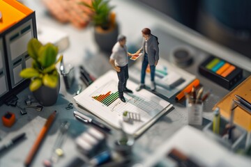 Miniature office desk scene from above, with a business couple analyzing a graph among sleek office supplies, reflecting urban minimalism. - obrazy, fototapety, plakaty