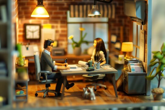 Miniature home office with a business couple planning, showcasing detailed furniture and lighting for a realistic atmosphere.