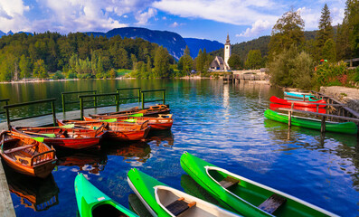 Slovenia travel . Idyllic nature scenery - beautiful magic lake Bohinj, Triglav National Park. most beautiful lakes of Europe. - 759014480