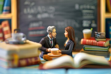 Miniature queer academic lounge scene with a business couple discussing over coffee, surrounded by books and a chalkboard. - obrazy, fototapety, plakaty