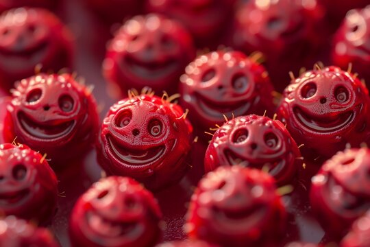 Miniature smiley faces etched into the surface of vibrant red berries, each detail so finely rendered that the textures of the fruit skin and the tiny expressions are vividly clear.
