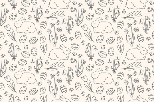 seamless Easter pattern with bunnies, spring flowers and eggs- vector illustration