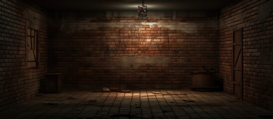 Dimly lit room with tiled floor and brick wall behind