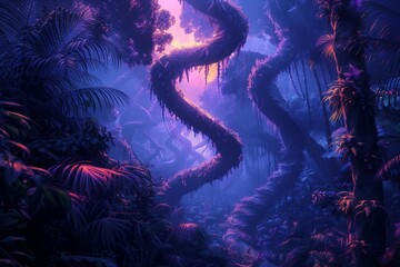 Spiral trees in a dense jungle, glowing in twilight hues, their alien-like forms captured in stunning, realistic detail. - obrazy, fototapety, plakaty