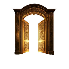 Opened gate or door, golden, glowing, magic and mystic realm portal, isolated on transparent background. Unknown and discovery concepts. 
