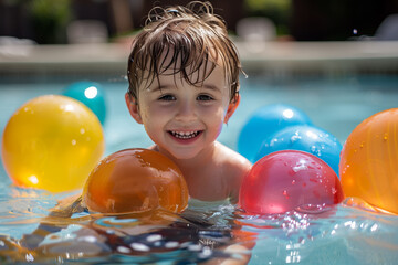 Fototapeta na wymiar Young Boy Playing in Pool With Balloons