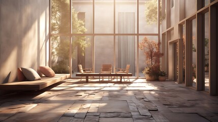 a digital scene where timber and clay architecture converge in a tranquil environment, 