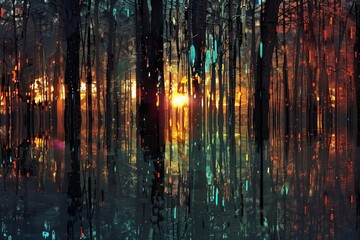 A forest of glass-like trees, reflecting the setting sun in a spectrum of colors, emphasizing the ethereal quality and surreal beauty.