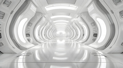 futuristic interior spaceship corridor with glowing white light background, abstract sci-fi background or science concept
