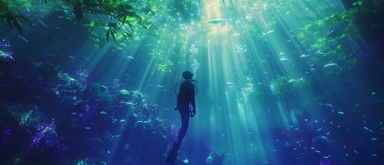 a surreal underwater scene with a scuba diver exploring a sunken forest - obrazy, fototapety, plakaty
