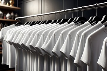 White T-shirts on hangers in a store.