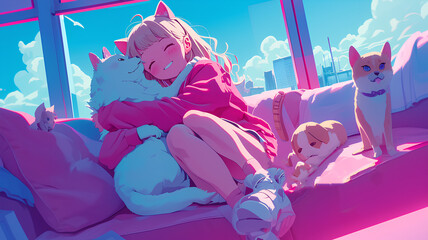 Cute anime idol girl hugging a happy cat - obrazy, fototapety, plakaty