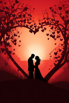 Love Silhouette Couple Romance Heart Illustration Red Valentine Romantic Day Woman Man Design