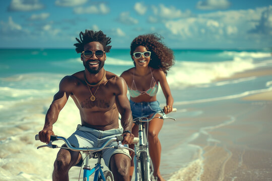 A happy multiethnic couple riding bicycles on the beach