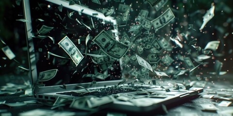 Digital Wealth: Dollars Erupting from Laptop - obrazy, fototapety, plakaty