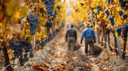 Foto auf Glas Grapes Harvest Farmers Working in Vineyard Background Template for Business Presentation 16:9 © Vibes 16:9