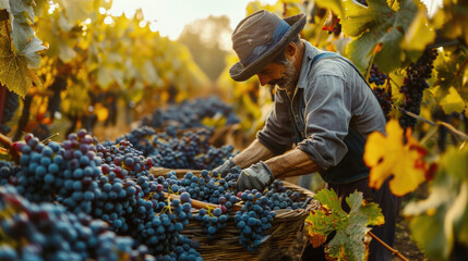 Grapes Harvest Farmers Working in Vineyard Background Template for Business Presentation 16:9 - obrazy, fototapety, plakaty