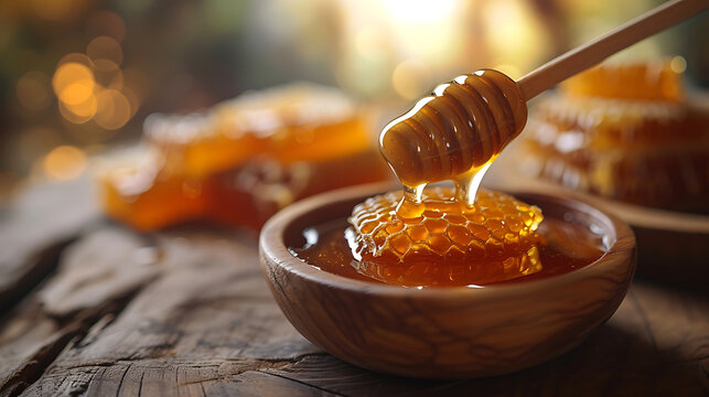 Pure honey in a bowl on a wooden table
