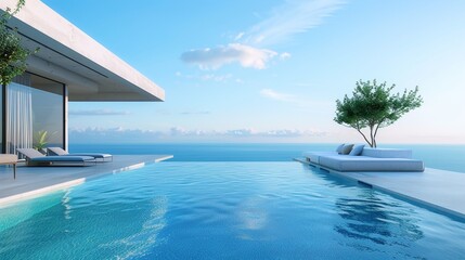 Fototapeta na wymiar A modern infinity-edge plunge pool overlooking the ocean horizon, designed with sleek lines, minimalist decor, and comfortable seating areas that invite guests to relax in style.