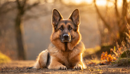 Naklejka premium German Shepard laying on the ground in park during sunset. 