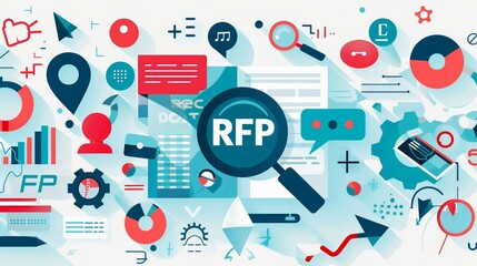 an illustration  with the acronym  RFP text integrates with an unfolding document, magnifying glasses symbolizing the opening and exploration of proposals. 
 - obrazy, fototapety, plakaty