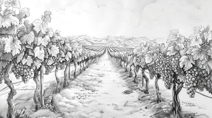 Black and White Pencil Sketches of a Vineyard Grapes Harvest Background Template for Business Presentation 16:9