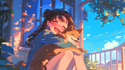 Cute anime idol girl hugging a happy dog - obrazy, fototapety, plakaty