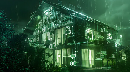 An eco - conscious house with a smart waste management system, partially covered by an opaque overlay of recycling symbols, against a dark green background. - obrazy, fototapety, plakaty