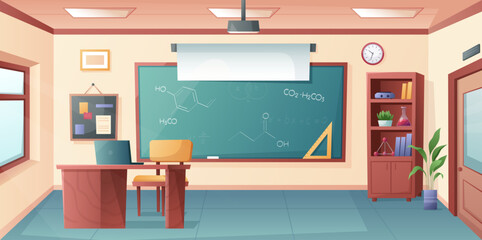 School classroom. Vector illustration of classroom interior with teachers desk and blackboard, plant, clock, chalkboard, table, chair, shelf, book, school supplies. Class for study. Education concept