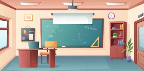 Foto op Canvas School classroom. Vector illustration of classroom interior with teachers desk and blackboard, plant, clock, chalkboard, table, chair, shelf, book, school supplies. Class for study. Education concept © MaryDesy